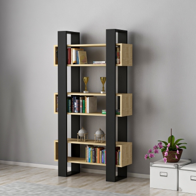 Ocean Bookcase with Geometric Shelves - Black & Oak