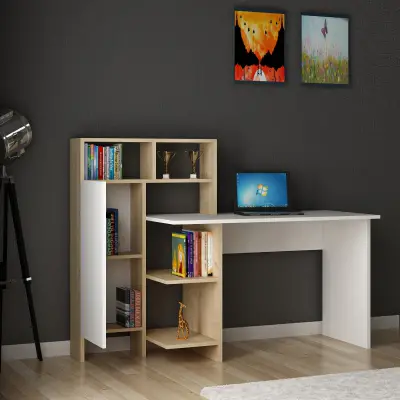 Delmaris Computer Desk with Shelves and Cabinet - Oak & White