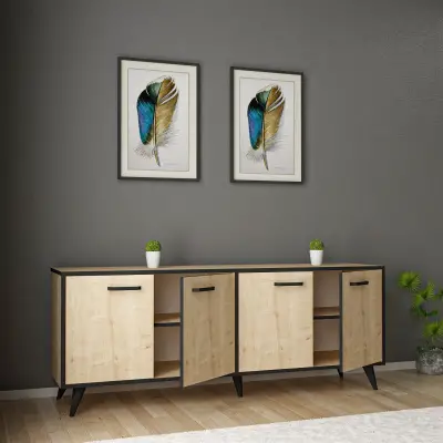 Crystal Sideboard with Cabinets - Oak & Black Band