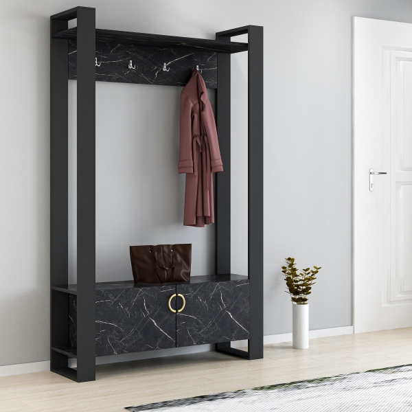 Flumen Entryway Coat Rack with Bench and Cabinet - Black Marble Effect & Anthracite