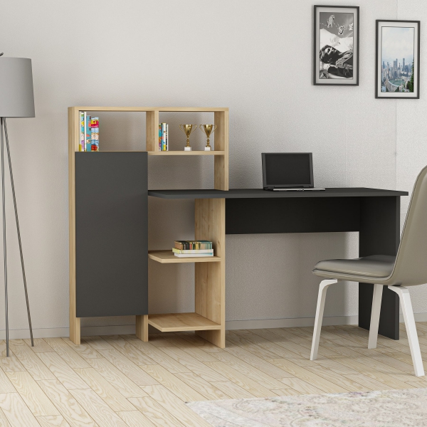 Delmaris Computer Desk with Shelves and Cabinet - Anthracite & Oak