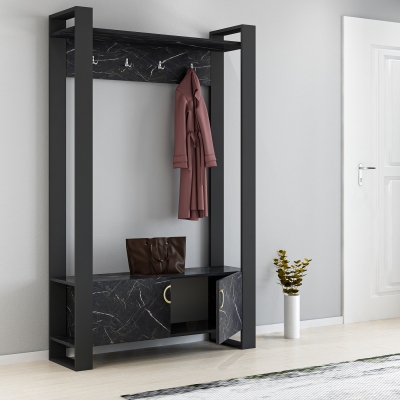 Flumen Entryway Coat Rack with Bench and Cabinet - Black Marble Effect & Anthracite