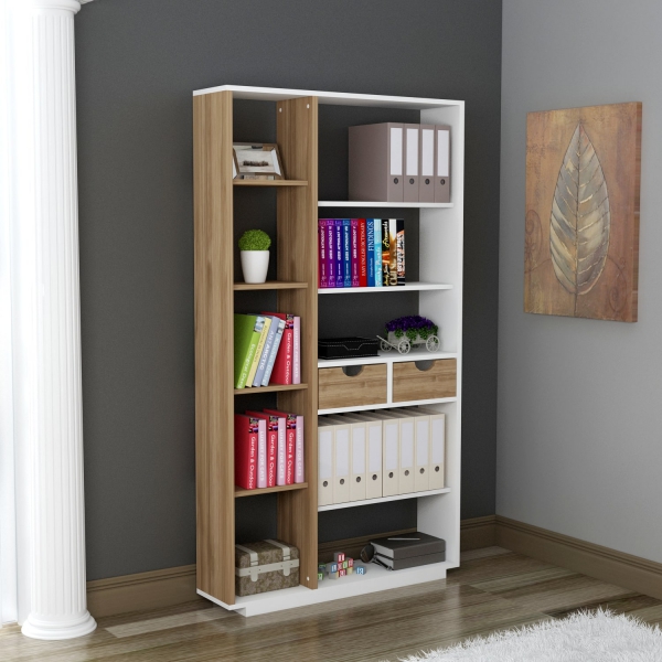 Revna Bookcase with Drawers and Shelves - White & Walnut