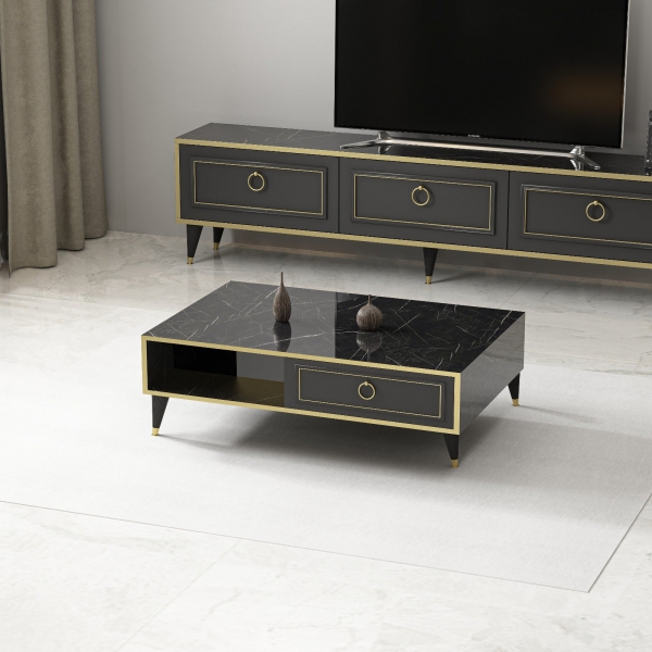 Frida Coffee Table with Storage Cabinet Shelf - Black Marble Effect and Gold Band