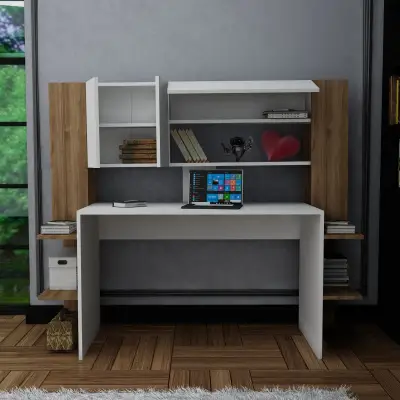 Pedro Computer Desk with Cabinets and Shelves - White & Walnut