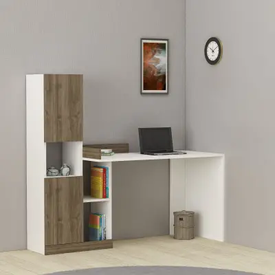 Wonder Computer Desk with Cabinets and Shelves - White & Walnut