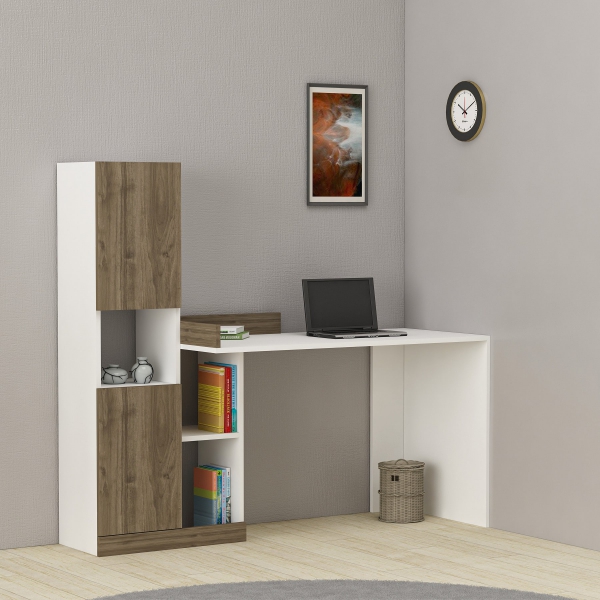 Wonder Computer Desk with Cabinets and Shelves - White & Walnut