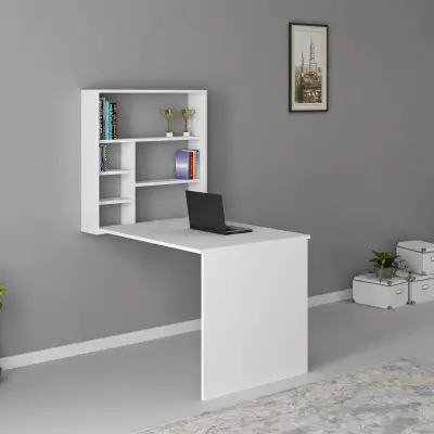 Merril Wall Mounted Foldable Computer Desk with Shelves - White