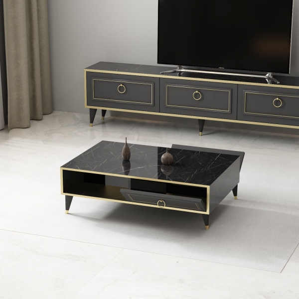 Frida Coffee Table with Storage Cabinet Shelf - Black Marble Effect and Gold Band