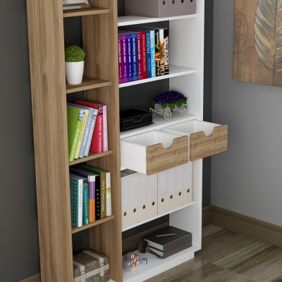 Revna Bookcase with Drawers and Shelves - White & Walnut