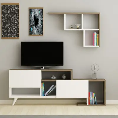 Pilmin TV Stand and Entertainment Center - White & Walnut