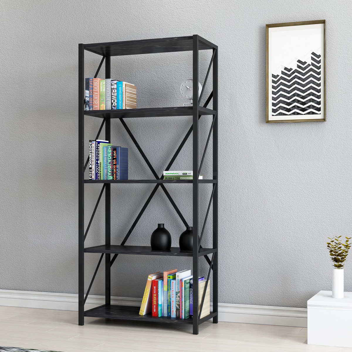 Hilda Metal Manufactured Wood Bookcase - Black Marble Effect - Netsan ...