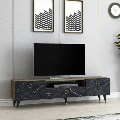 Suny TV Stand and Media Console - Black Marble Effect & Walnut