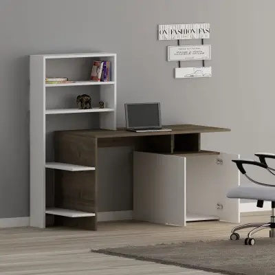 Lake Computer Desk with Cabinets and Shelves - White & Walnut