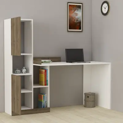 Wonder Computer Desk with Cabinets and Shelves - White & Walnut