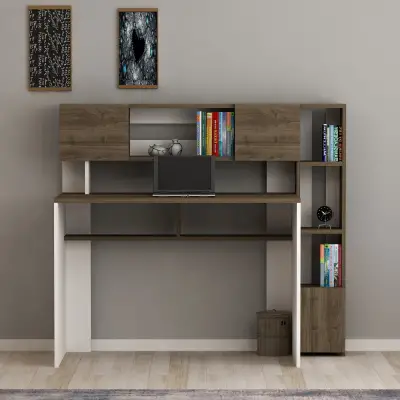 Reyna Computer Desk with Cabinets and Shelves - White & Walnut