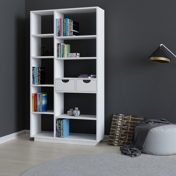 Revna Bookcase with Drawers and Shelves - White