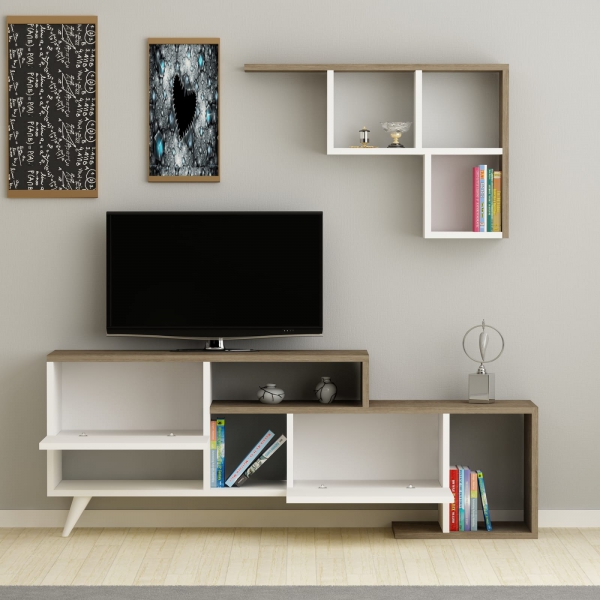 Pilmin TV Stand and Entertainment Center - White & Walnut