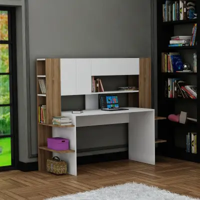 Pedro Computer Desk with Cabinets and Shelves - White & Walnut