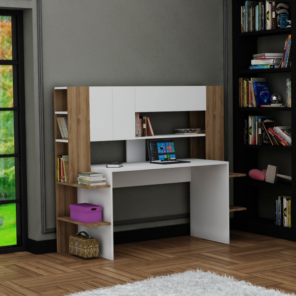 Pedro Computer Desk with Cabinets and Shelves - White & Walnut