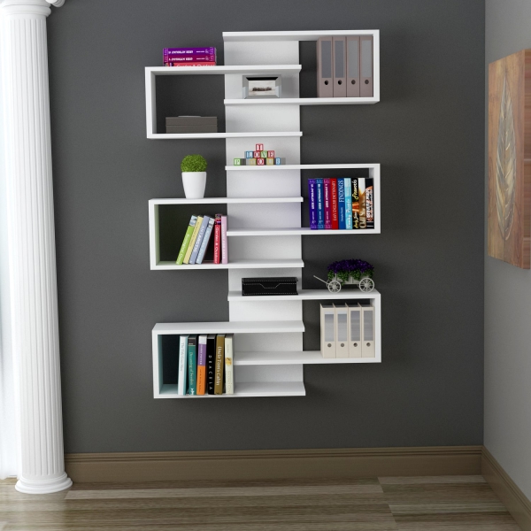 Rozalin Bookcase with Geometric Shelves - White