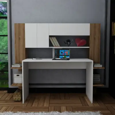 Pedro Computer Desk with Cabinets and Shelves - White & Walnut