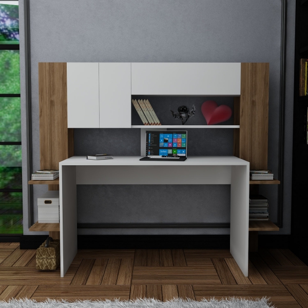 Pedro Computer Desk with Cabinets and Shelves - White & Walnut