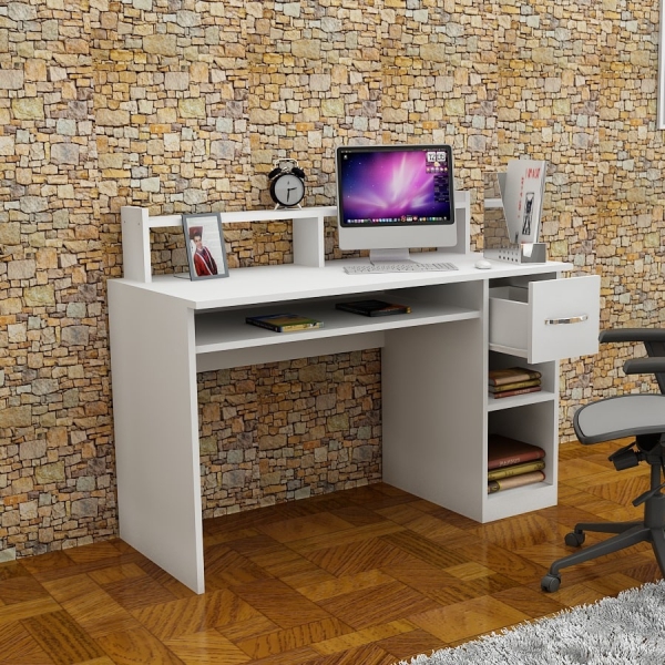 Milanos Computer Desk with Drawer and Shelves - White