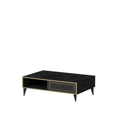 Frida Coffee Table with Storage Cabinet Shelf - Black Marble Effect and Gold Band