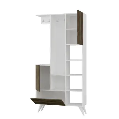 Arba Hallway Coat Rack with Cabinets and Shelves - White & Walnut