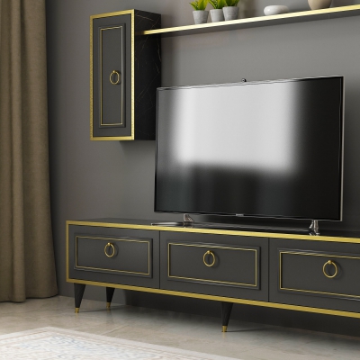 Frida TV Stand and Entertainment Center - Black Marble Effect & Gold