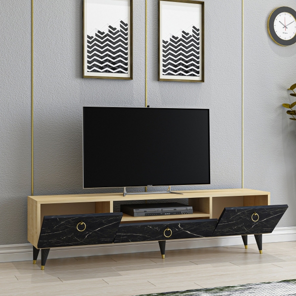 Suny TV Stand and Media Console - Black Marble Effect & Oak