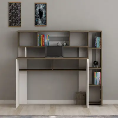 Reyna Computer Desk with Cabinets and Shelves - White & Walnut