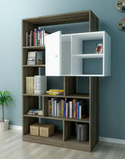 Douro Bookcase with Cabinet and Shelves - White & Walnut