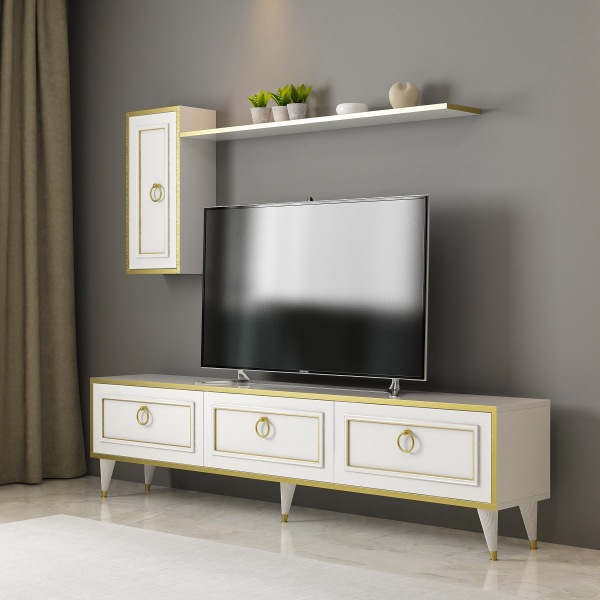 Antonia TV Stand and Entertainment Center - White & Gold Band