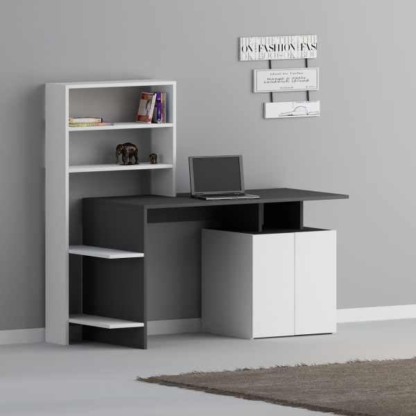 Lake Computer Desk with Cabinets and Shelves - White & Anthracite