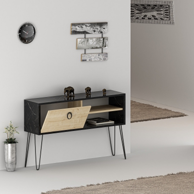 Fiore Dresuar Console Table with Cabinet and Metal Legs - Black Marble Effect & Oak