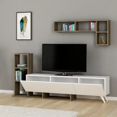 Sole TV Stand and Entertainment Center - White & Walnut