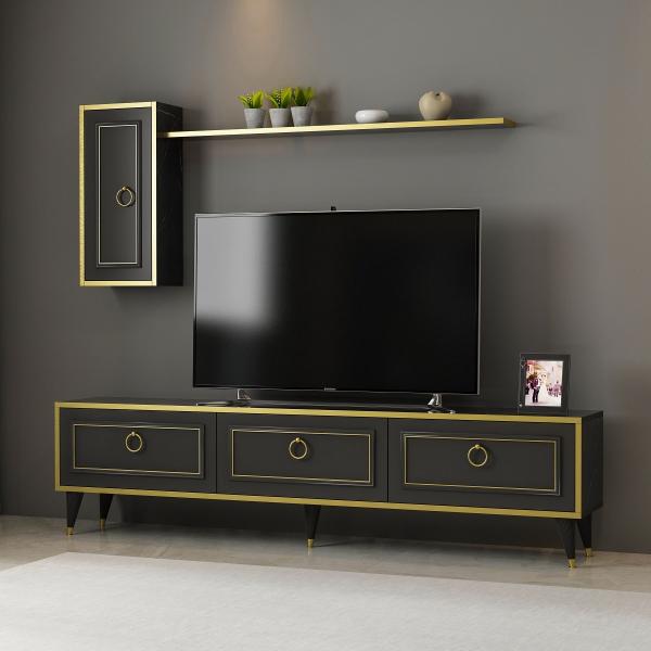 Frida TV Stand and Entertainment Center - Black Marble Effect & Gold