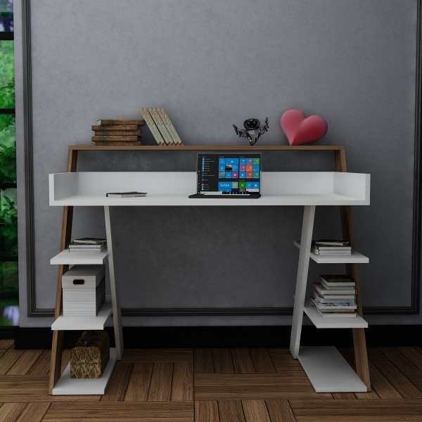 Mundus Computer Desk with Shelves - White & Walnut