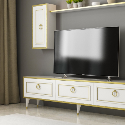 Antonia TV Stand and Entertainment Center - White & Gold Band