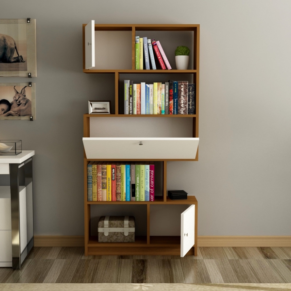 Ricardo Bookcase with Cabinets and Shelves - White & Walnut