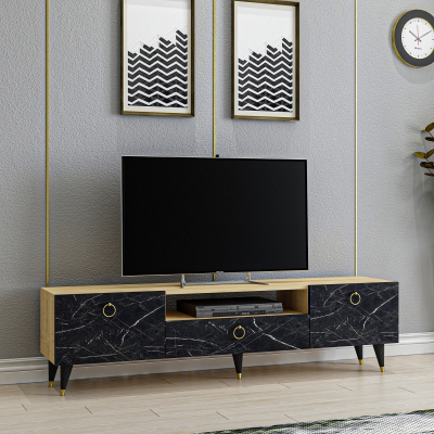 Suny TV Stand and Media Console - Black Marble Effect & Oak