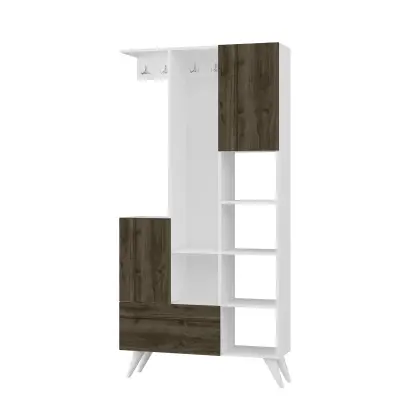 Arba Hallway Coat Rack with Cabinets and Shelves - White & Walnut