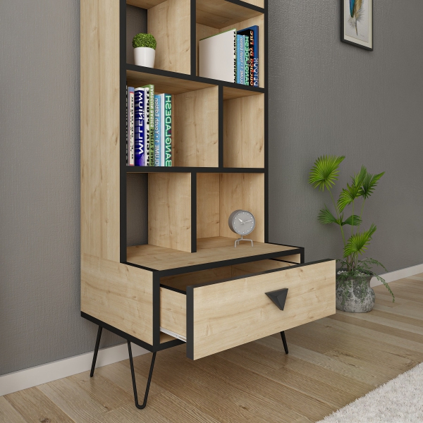 Emily Manufactured Wood Bookcase with Drawer - Oak & Black