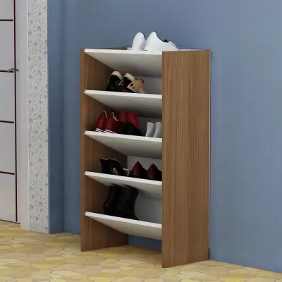 Elarco 4 Tier Shoe Storage Shelf - White & Walnut