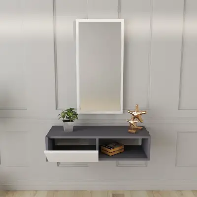 Allegria Wall Mounted Dresuar Console with Cabinet, Shelf and Mirror - Anthracite & White