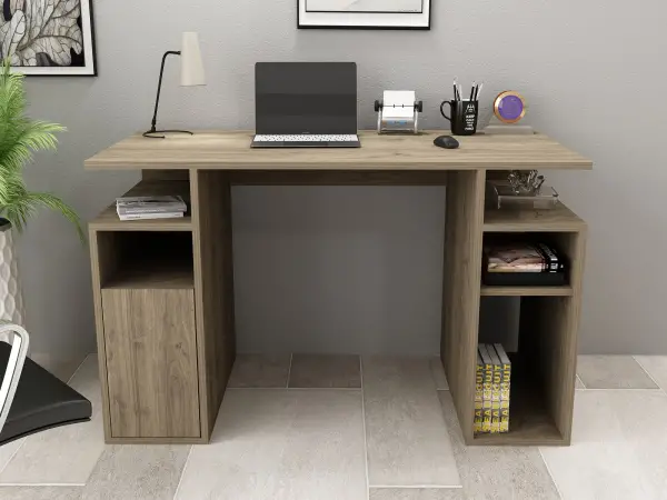 Forte Computer Desk with Cabinet and Shelves - Walnut