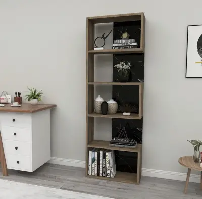 Zella Bookcase - Walnut & Black Marble Effect