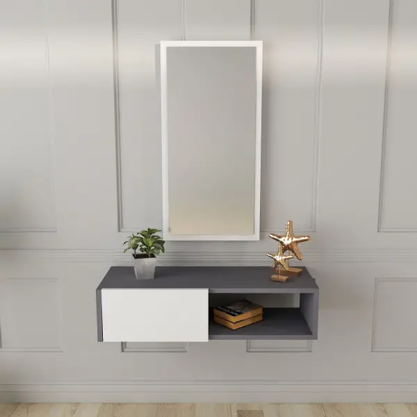 Allegria Wall Mounted Dresuar Console with Cabinet, Shelf and Mirror - Anthracite & White